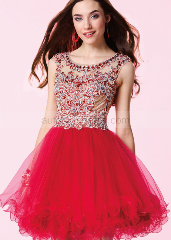 Red Tulle Beaded Scoop Neckline Sheer Back Knee Length Prom Dress